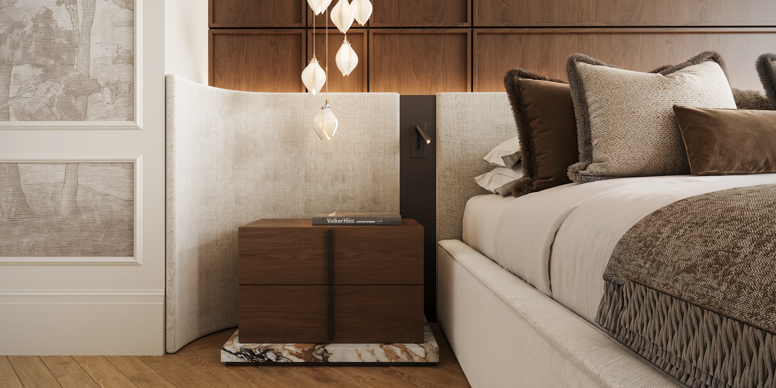 Emerson bedroom scheme showing material and furniture coordination